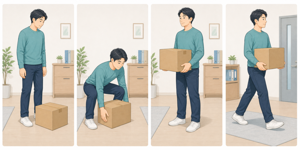 荷物に近づき、股関節と膝を曲げ、体の近くで持ち上げ、足から向きを変える手順の図解