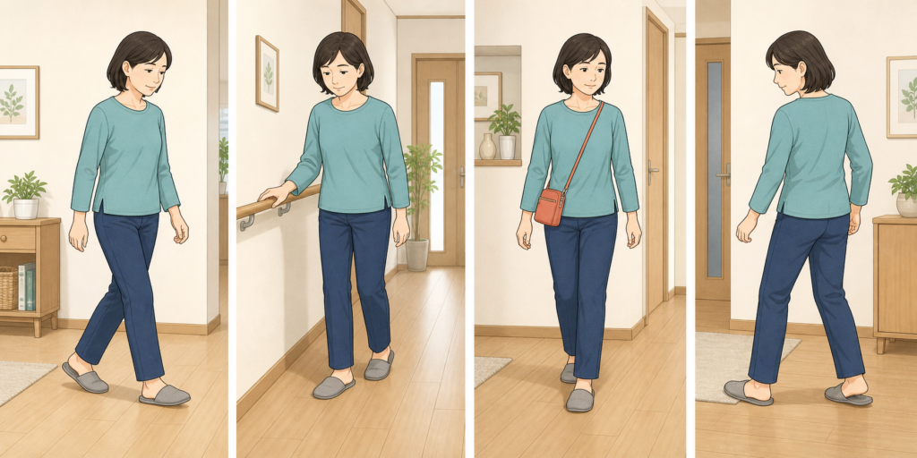 ぎっくり腰で歩けるけど痛いときの、小さな歩幅・手すり・両手を空ける・足から方向転換する歩き方の図解